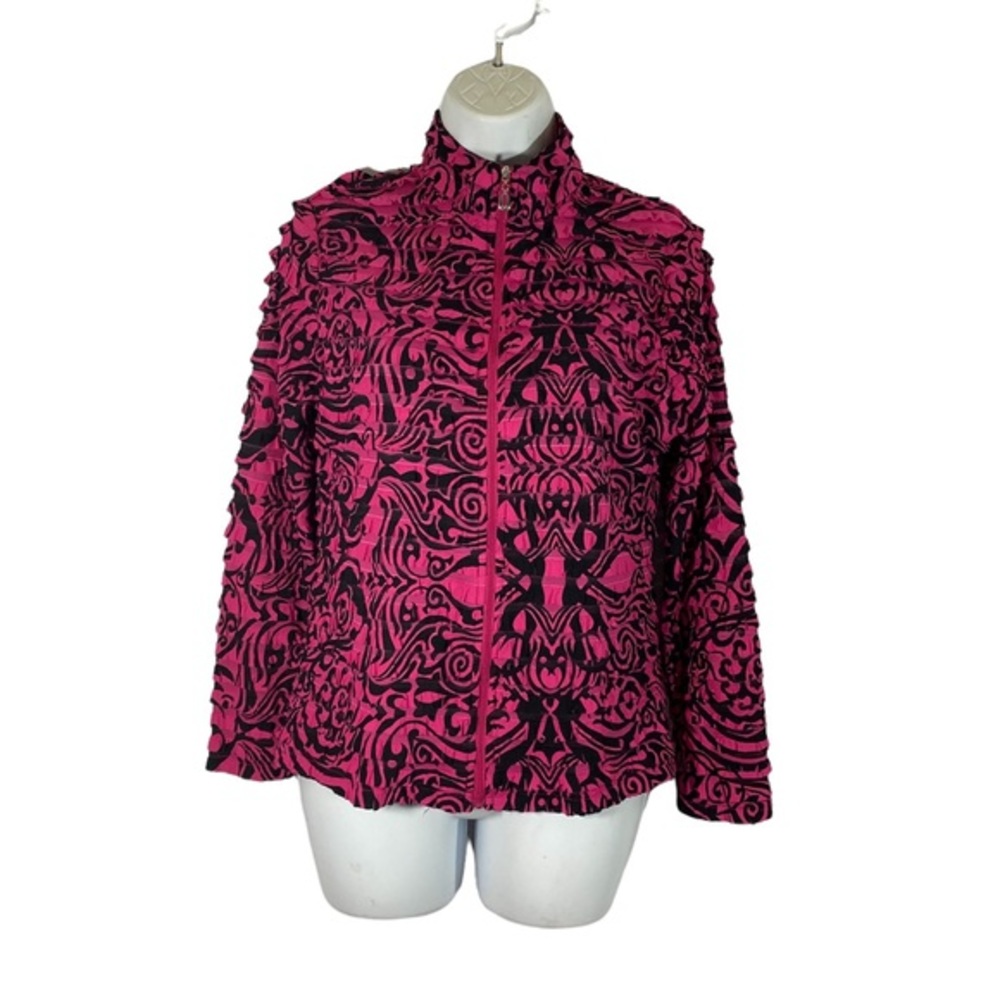 Erin London Size Small Jacket Ruffle Zip Front Black Pink Tiki Print‎ High Neck